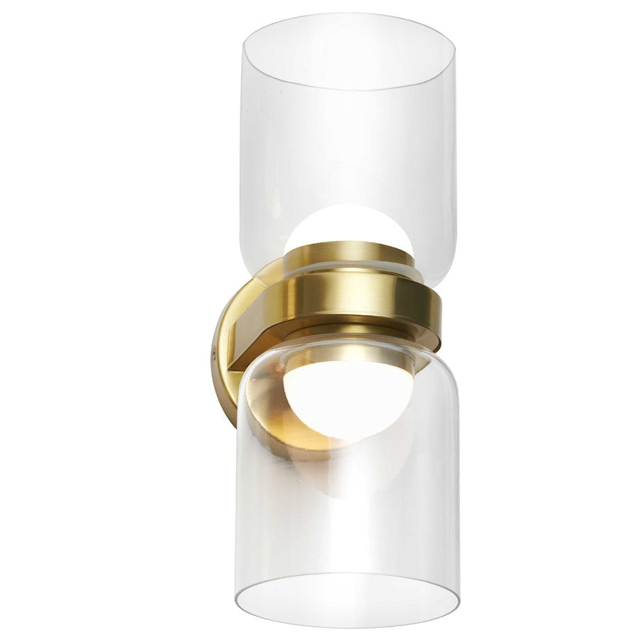 Dainolite Nadine 12in 2-Light LED Wall Sconce | Aged Brass and Clear Glass | Bedroom & Hallway Accent | 5.5 x 4.75 x 12 in | Model NAD-1020LEDW-AGB