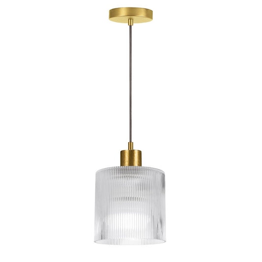 Dainolite Nadine 7in 1-Light Pendant | Transitional Aged Brass and Clear Glass Drum | Dining Room & Powder Room | Model NAD-71P-AGB-FL