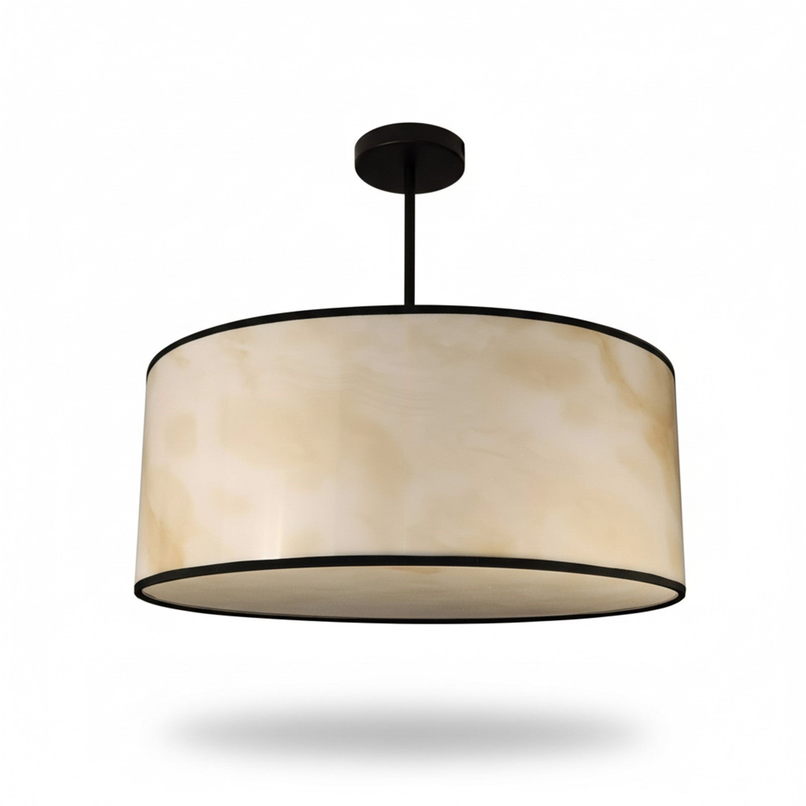 Dainolite Nena 20in 4-Light Drum Pendant | Transitional Matte Black Metal and Faux Alabaster Styrene Shade | Bathroom & Kitchen | Model NNA-204P-MB-ALB