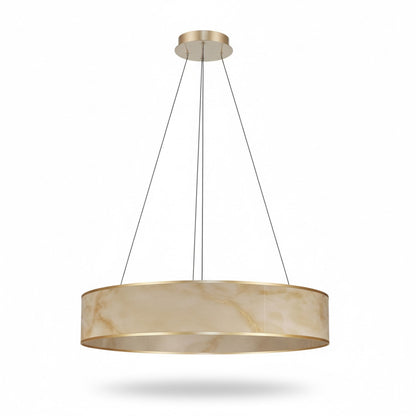 Dainolite Nena 26in 1-Light LED Drum Pendant | Transitional Aged Brass Metal and Faux Alabaster Styrene | Kitchen Island & | Model NNA-2634LEDP-AGB-ALB