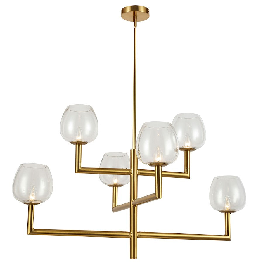 Dainolite Nora 36in 6-Light Chandelier | Contemporary Aged Brass and Clear Glass | Dining Room & Living Room | Model NOR-326C-AGB-CLR