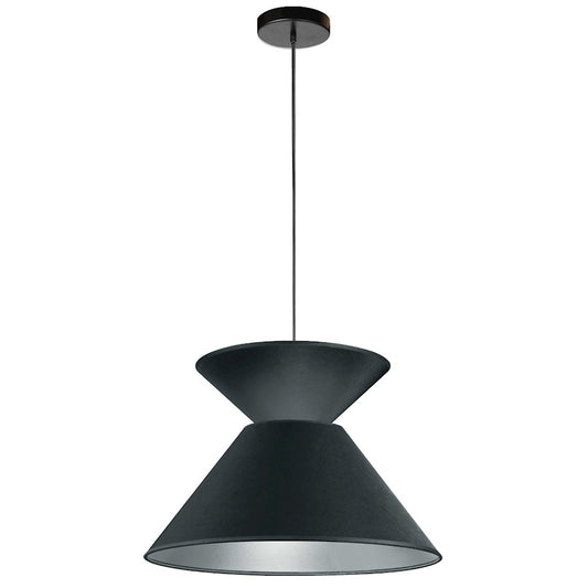 Dainolite Patricia 18in 1-Light Pendant | Transitional Black Metal and Silver Fabric Drum Shade | Kitchen Island & Dining Room | Model PAT-181P-BK-697