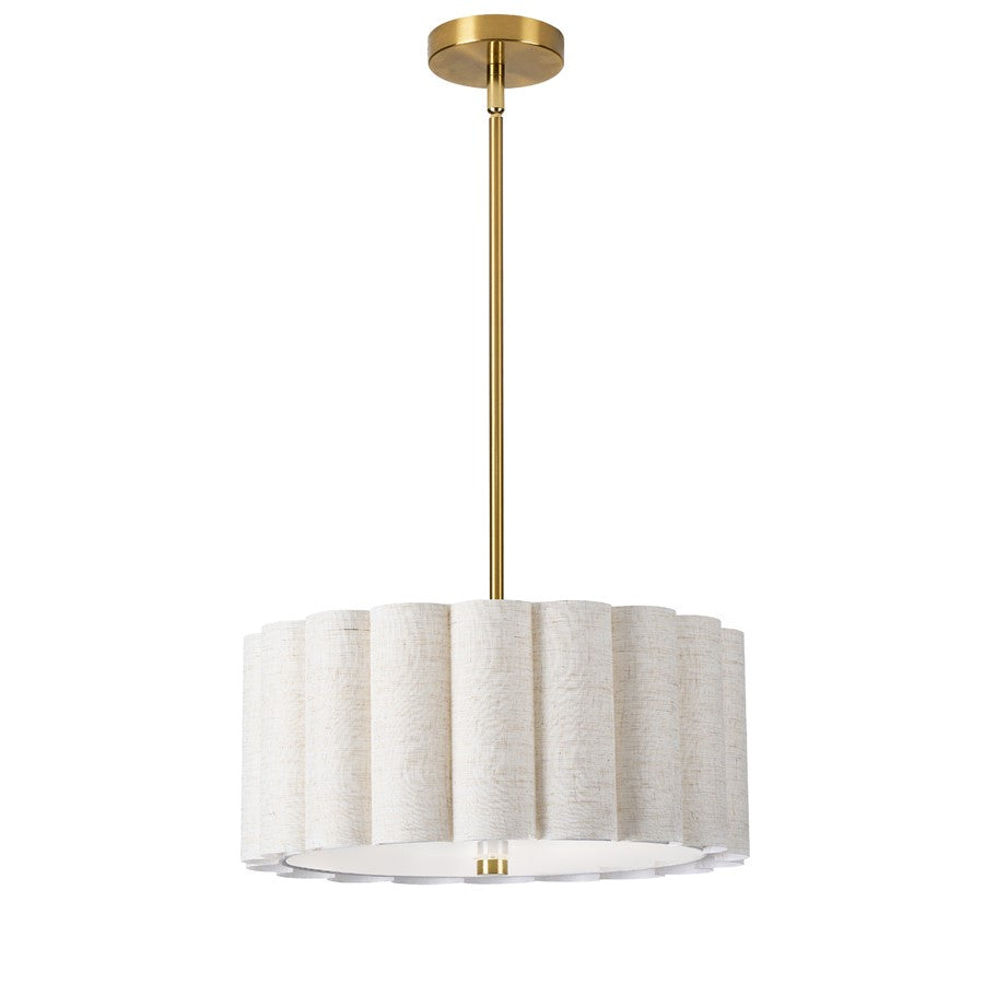 Dainolite Pacifica 16in 3-Light Pendant | Transitional Aged Brass and Flax Fabric Drum Shade | Kitchen Island & Dining Room | Model PCA-163P-AGB-FX