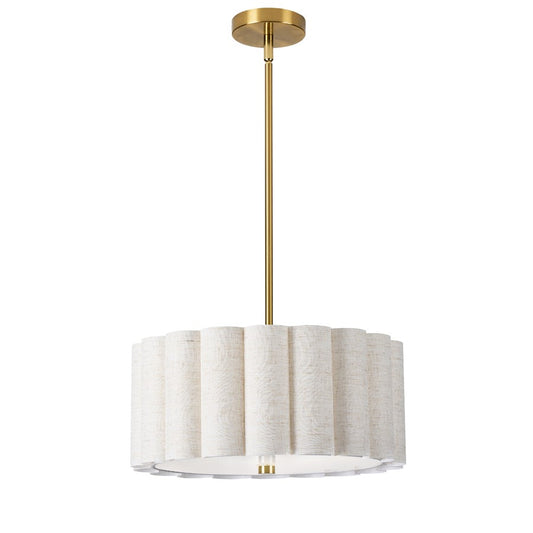 Dainolite Pacifica 16in 3-Light Pendant | Transitional Aged Brass and Flax Fabric Drum Shade | Kitchen Island & Dining Room | Model PCA-163P-AGB-FX