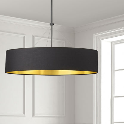 Dainolite Pallavi 30in 4-Light Chandelier | Contemporary Black and Gold Fabric Drum | Kitchen Island & Dining Room | Model PLV-304C-MB-698