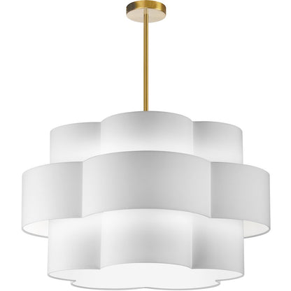 Dainolite Phlox 28in 4-Light Chandelier | Contemporary Aged Brass and White Fabric Scallop Shades | Dining Room & Living Room | Model PLX-284C-AGB-WH