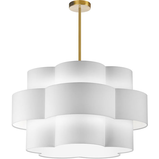 Dainolite Phlox 28in 4-Light Chandelier | Contemporary Aged Brass and White Fabric Scallop Shades | Dining Room & Living Room | Model PLX-284C-AGB-WH
