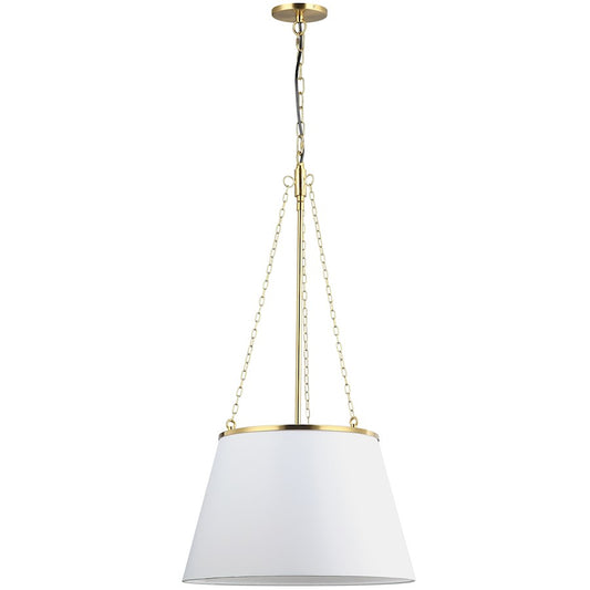Dainolite Plymouth 18in 1-Light Pendant | Contemporary Aged Brass and White Fabric Tapered Drum Shade | Kitchen Island | Model PLY-181P-AGB-WH