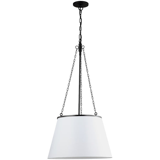 Dainolite Plymouth 18in 1-Light Pendant | Contemporary Matte Black and White Fabric Tapered Drum Shade | Kitchen Island | Model PLY-181P-MB-WH