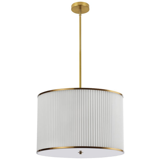 Dainolite Prudy 24in 4-Light Pendant | Transitional Aged Brass and White Fabric Drum | Kitchen & Dining Room | 24 x 24 x 16 in | Model PRD-243P-AGB