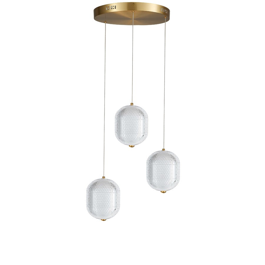 Dainolite Peri 12in 3-Light Multi Pendant | Contemporary Aged Brass and Clear Acrylic | Dining Room & Kitchen | Model PRI-1222LEDP-AGB