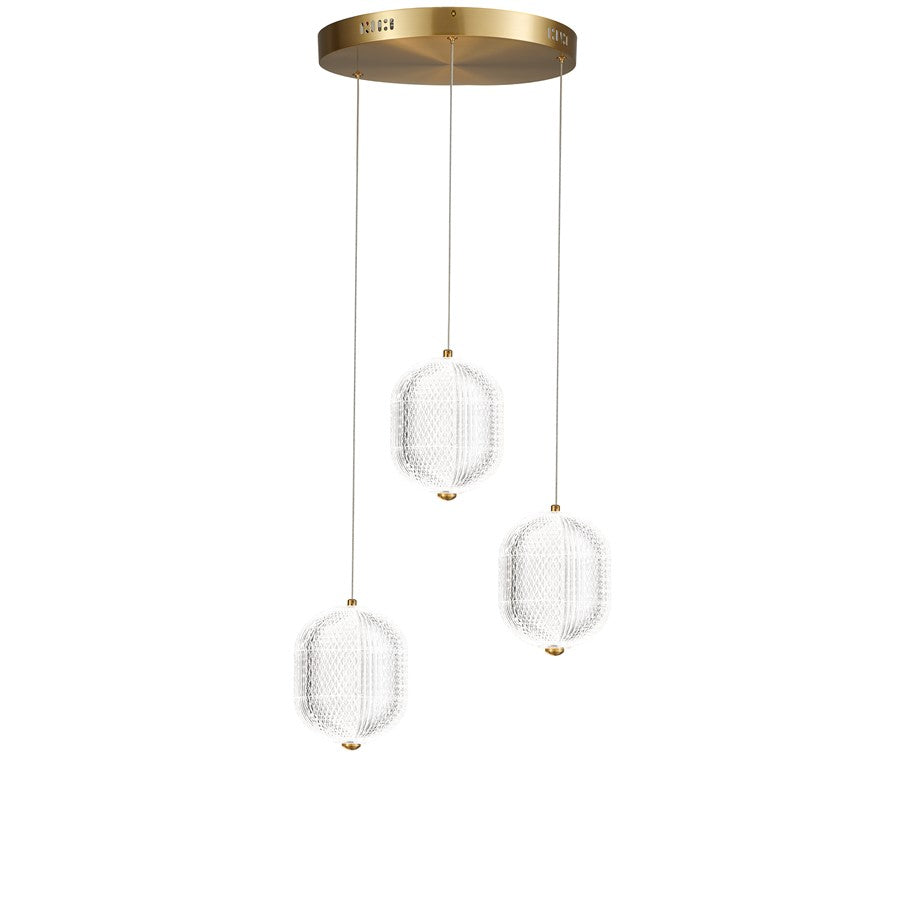 Dainolite Peri 12in 3-Light Multi Pendant | Contemporary Aged Brass and Clear Acrylic | Dining Room & Kitchen | Model PRI-1222LEDP-AGB