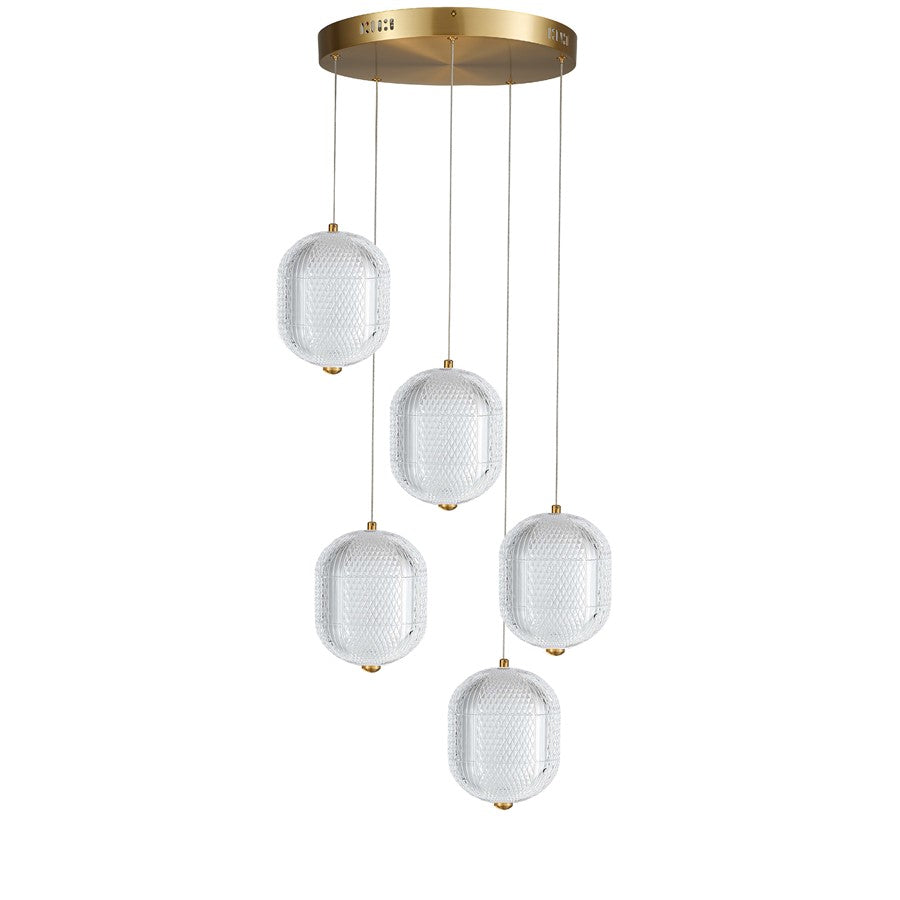 Dainolite Peri 15in 5-Light Multi Pendant | Contemporary Aged Brass and Clear Acrylic | Kitchen Island & Dining Room | Model PRI-1530LEDP-AGB