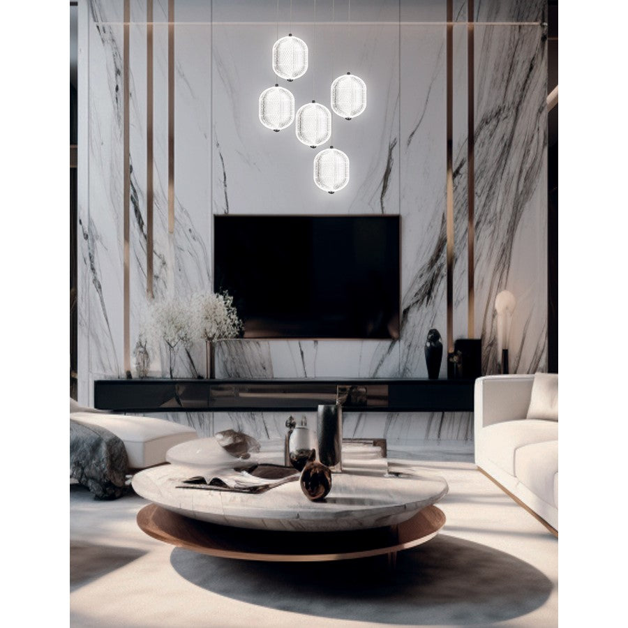 Dainolite Peri 15in 5-Light Multi Pendant | Contemporary Matte Black and Clear Acrylic | Kitchen Island & Dining Room | Model PRI-1530LEDP-MB