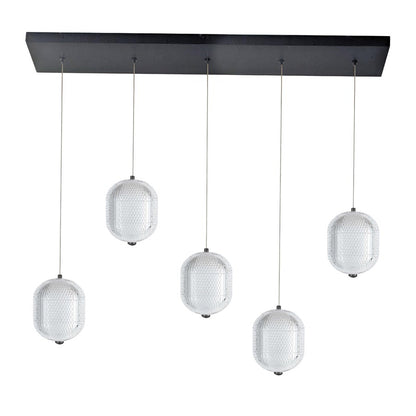Dainolite Peri 32in 5-Light Linear LED Pendant | Contemporary Matte Black and Clear Acrylic | Kitchen Island & Dining Room | Model PRI-3230LEDHP-MB