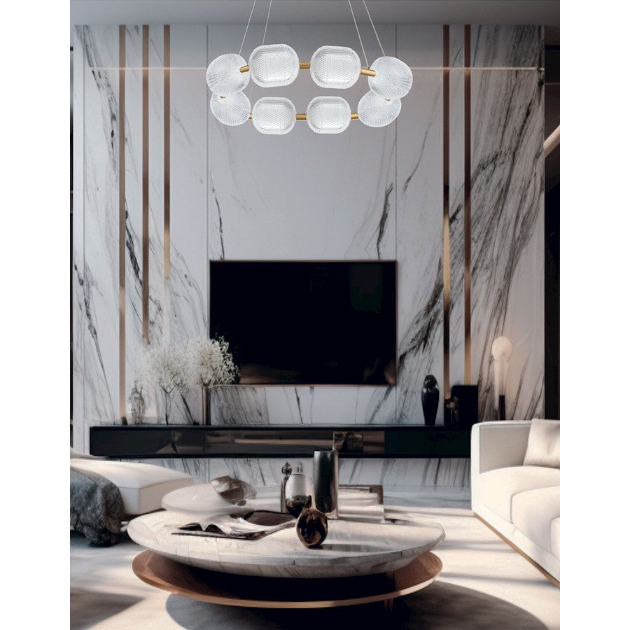 Dainolite Peri 32in 8-Light LED Chandelier | Contemporary Aged Brass and Clear Acrylic | Dining Room & Foyer | 32 x 32 x 6 in | Model PRI-3256LEDP-AGB