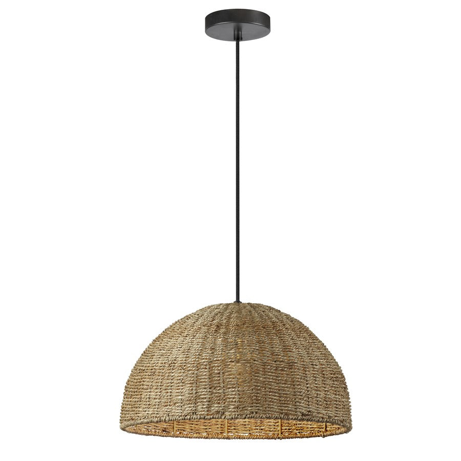 Dainolite Pourel 16in 1-Light Pendant | Transitional Natural Seagrass and Matte Black Metal | Kitchen Island & Dining Room | Model PRL-161P-NAT