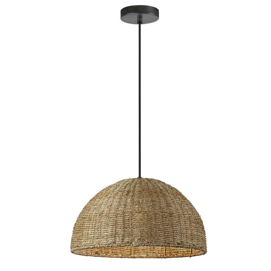 Dainolite Pourel 16in 1-Light Pendant | Transitional Natural Seagrass and Matte Black Metal | Kitchen Island & Dining Room | Model PRL-161P-NAT