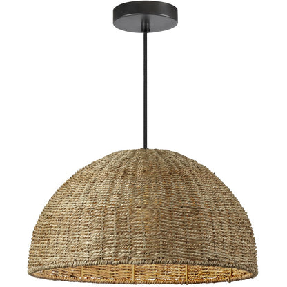 Dainolite Pourel 16in 1-Light Pendant | Transitional Natural Seagrass and Matte Black Metal | Kitchen Island & Dining Room | Model PRL-161P-NAT