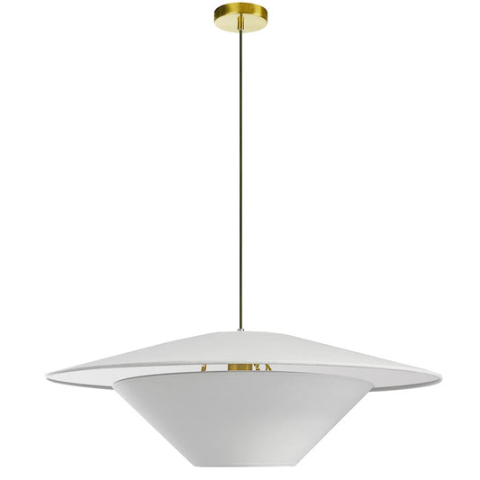 Dainolite Poseidon 24in 1-Light Pendant | Modern Aged Brass and White Fabric Tapered Drum | Kitchen Island & Dining Room | 24 x | Model PSO-241P-AGB-790