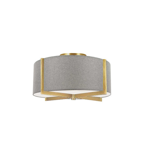 Dainolite Preston 15in 3-Light Semi-Flush Mount | Contemporary Aged Brass and Grey Fabric | Bedroom & Hallway | Model PST-153SF-AGB-GRY