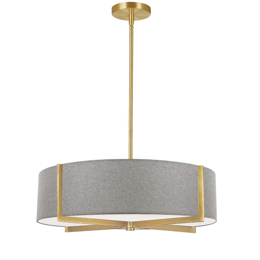 Dainolite Preston 21in 4-Light Pendant | Aged Brass and Grey Fabric Drum | Kitchen Island & Dining Room | 21 x 21 x 5 in | Model PST-214P-AGB-GRY