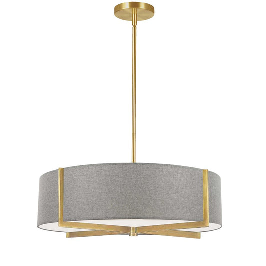 Dainolite Preston 21in 4-Light Pendant | Aged Brass and Grey Fabric Drum | Kitchen Island & Dining Room | 21 x 21 x 5 in | Model PST-214P-AGB-GRY