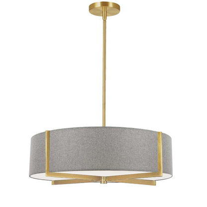 Dainolite Preston 21in 4-Light Pendant | Aged Brass and Grey Fabric Drum | Kitchen Island & Dining Room | 21 x 21 x 5 in | Model PST-214P-AGB-GRY