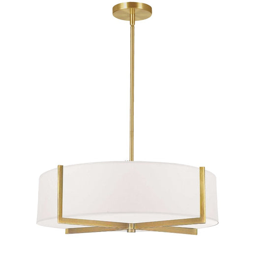 Dainolite Preston 21in 4-Light Pendant | Aged Brass and White Fabric Drum | Kitchen Island & Dining Room | 21 x 21 x 5 in | Model PST-214P-AGB-WH