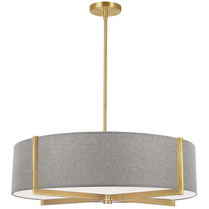 Dainolite Preston 26in 4-Light Pendant | Contemporary Aged Brass and Grey Fabric Drum | Kitchen Island & Dining Room | Model PST-264LP-AGB-GRY