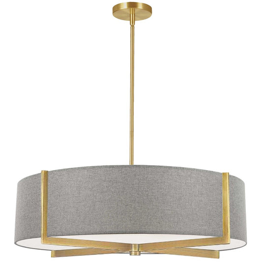 Dainolite Preston 26in 4-Light Pendant | Contemporary Aged Brass and Grey Fabric Drum | Kitchen Island & Dining Room | Model PST-264LP-AGB-GRY