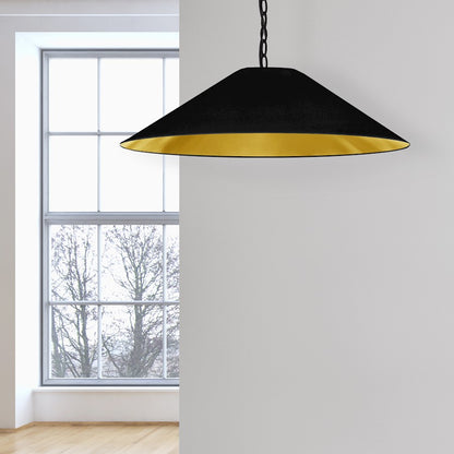 Dainolite Presley 32in 1-Light Pendant | Transitional Black & Gold Fabric and HardBack Shade | Kitchen Island & Dining Room | 32 x 32 | Model PSY-L-MB-698