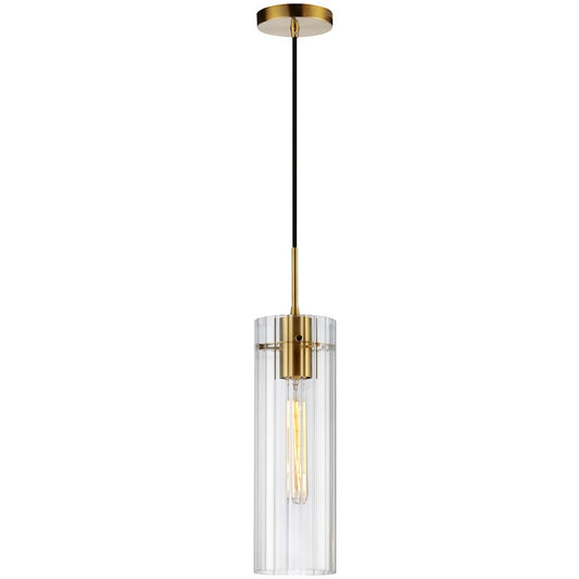 Dainolite Patia 5in 1-Light Pendant | Modern Aged Brass and Clear Fluted Glass | Kitchen Island & Dinette | 5 x 5 x 15 in | Model PTA-51P-CFF-AGB