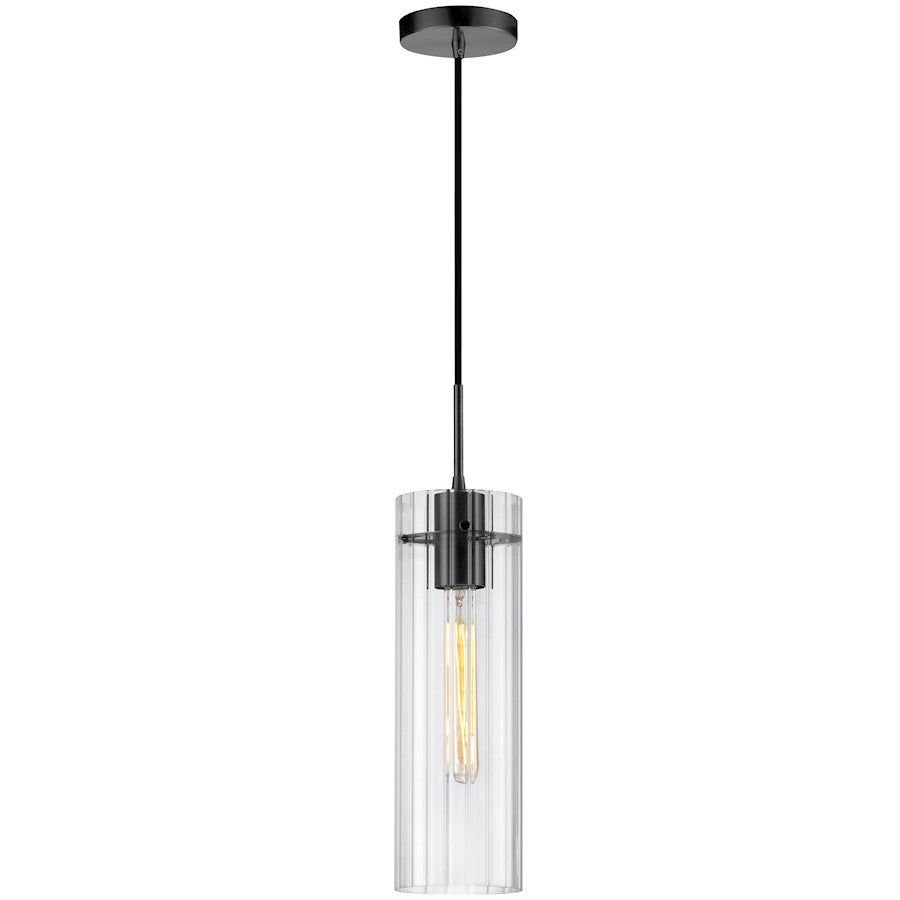 Dainolite Patia 5in 1-Light Pendant | Modern Matte Black and Clear Fluted Glass | Kitchen Island & Dinette | 5 x 5 x 15 in | Model PTA-51P-CFF-MB