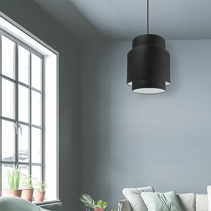 Dainolite Priya 10in 1-Light Pendant | Contemporary Matte Black and Black Fabric HardBack Drum Shade | Kitchen Island & Dining Room | Model PYA-141P-MB-BK