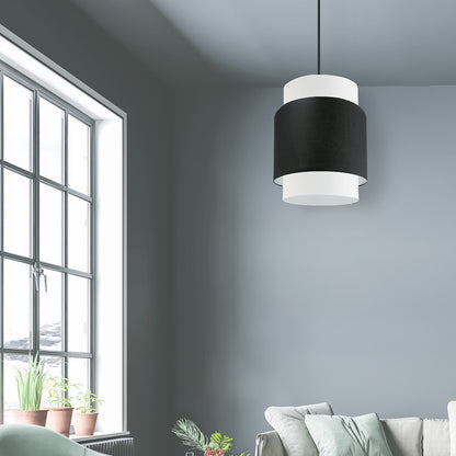 Dainolite Priya 10in 1-Light Pendant | Contemporary Matte Black and Black & White Fabric | Kitchen Island & Dining Room | 10 x 10 x | Model PYA-141P-MB-BW