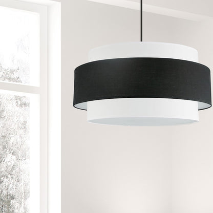 Dainolite Priya 30in 4-Light Chandelier | Contemporary Matte Black and Black & White Fabric Drum Shade | Dining Room & Living | Model PYA-304C-MB-BW