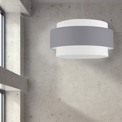 Dainolite Priya 30in 4-Light Chandelier | Contemporary Polished Chrome and Grey & White Fabric Drum Shades | Living Room & Dining | Model PYA-304C-PC-GRW