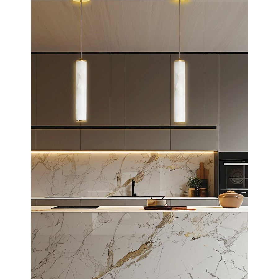 Dainolite Reuben 12in 1-Light LED Pendant | Contemporary Aged Brass and White Faux Alabaster | Kitchen Island & Dining Room | Model RBN-1210P-AGB-ALB