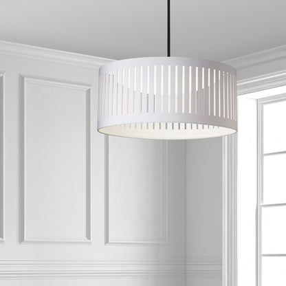 Dainolite Slit Drum 20in 1-Light Pendant | Modern Matte Black and White Fabric Drum Shade | Kitchen Island & Dining Room | Model SDLED-20P-MB-WH