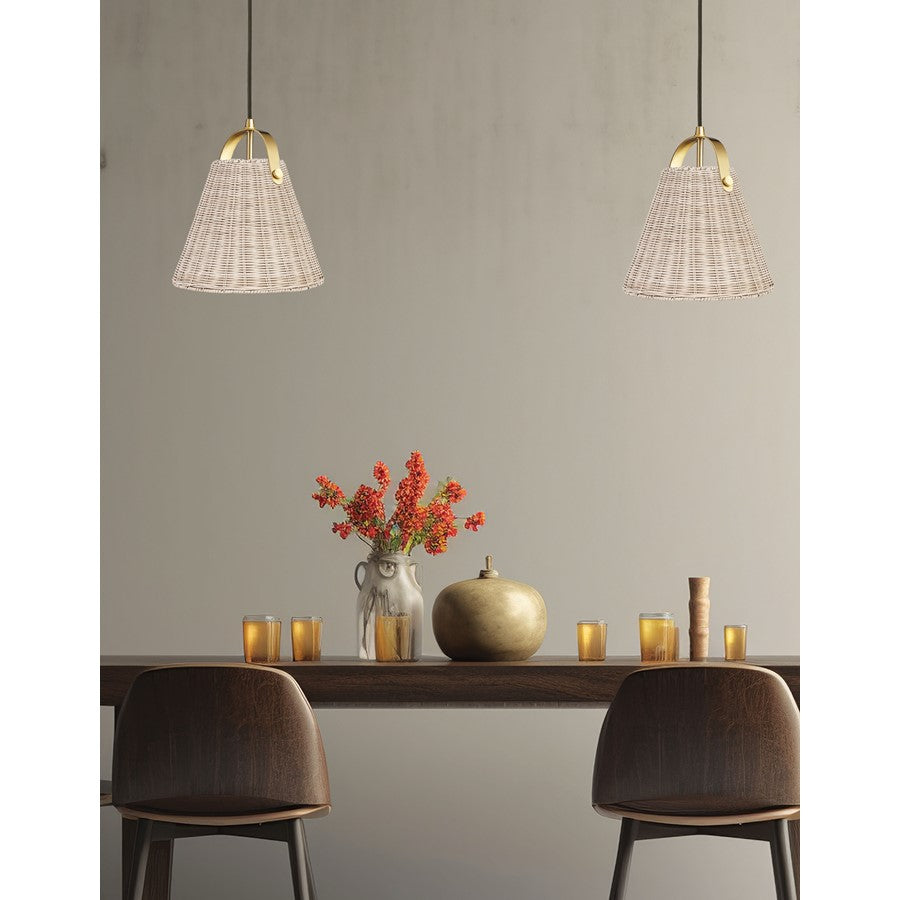 Dainolite Shenandoah 1-Light Pendant | Transitional Aged Brass and Natural Rattan | Kitchen Island & Foyer | 13 x 13 x 14 in | Model SND-141P-AGB