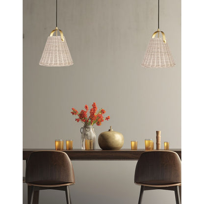Dainolite Shenandoah 1-Light Pendant | Transitional Aged Brass and Natural Rattan | Kitchen Island & Foyer | 13 x 13 x 14 in | Model SND-141P-AGB