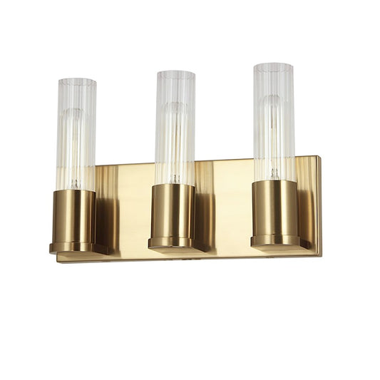 Dainolite Tube 12.75in 3-Light Vanity Light | Contemporary Aged Brass and Clear Fluted Glass | Bathroom & Powder Room | Model TBE-123W-AGB