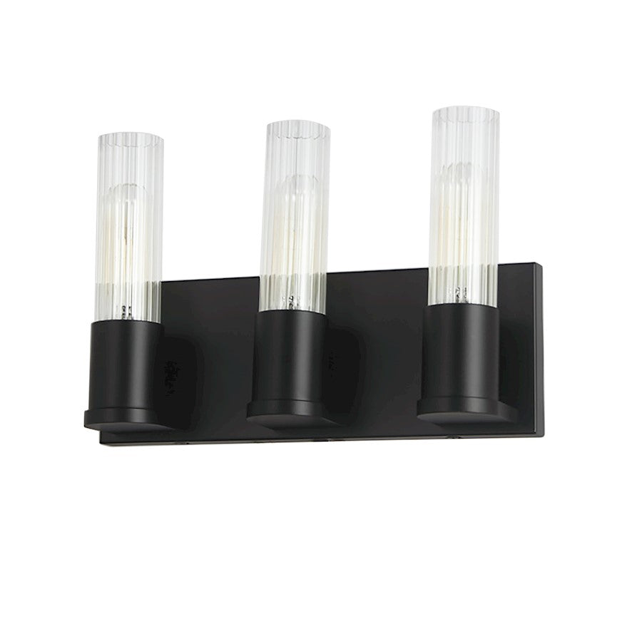 Dainolite Tube 12.75in 3-Light Vanity Light | Contemporary Matte Black and Clear Fluted Glass | Bathroom & Powder Room | Model TBE-123W-MB