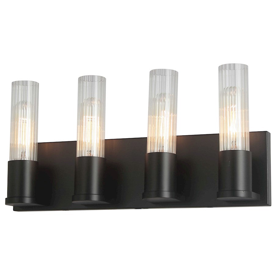 Dainolite Tube 17in 4-Light Vanity | Contemporary Matte Black and Clear Fluted Glass | Bathroom & Powder Room | 17 x 3 x 8 in | Model TBE-174W-MB