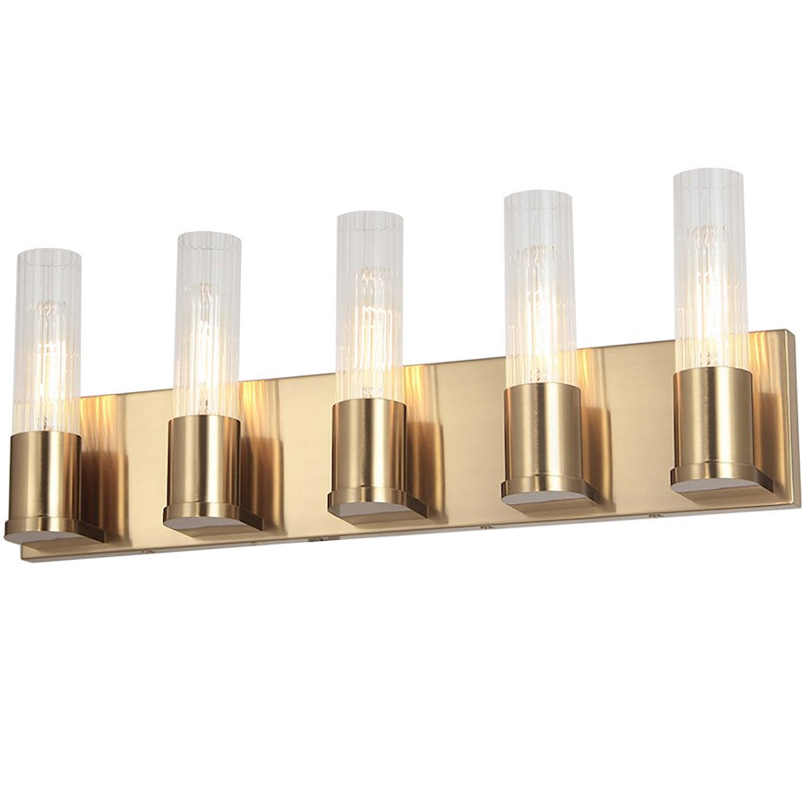 Dainolite Tube 22in 5-Light Vanity | Contemporary Aged Brass and Clear Fluted Glass | Bathroom & Powder Room | 3.25 x 22 x 8 in | Model TBE-225W-AGB