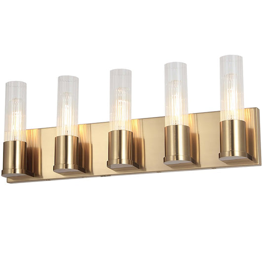 Dainolite Tube 22in 5-Light Vanity | Contemporary Aged Brass and Clear Fluted Glass | Bathroom & Powder Room | 3.25 x 22 x 8 in | Model TBE-225W-AGB