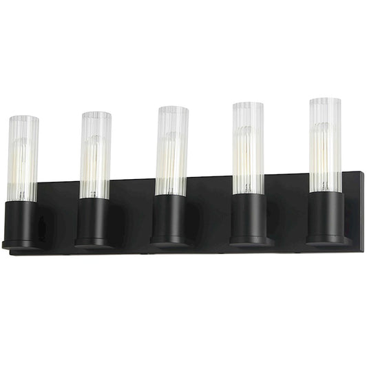 Dainolite Tube 22in 5-Light Vanity | Contemporary Matte Black and Clear Fluted Glass | Bathroom & Powder Room | 3.25 x 22 x 8 in | Model TBE-225W-MB