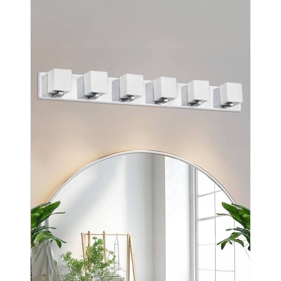 Dainolite Verona 35in 6-Light Vanity | Modern Polished Chrome and White Glass | Bathroom Vanity | 4 x 35 x 4 in | Model V1230-6W-PC