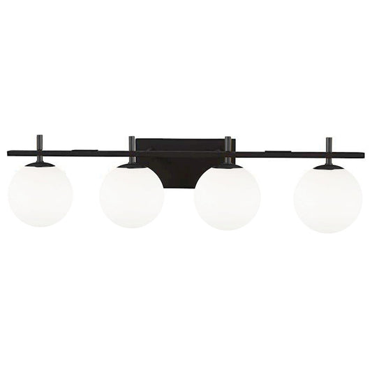 Dainolite Vivaldi 32in 4-Light Vanity Light | Transitional Matte Black with White Glass | Bathroom & Powder Room | W 32 x H 5 x D | Model VAD-324W-MB